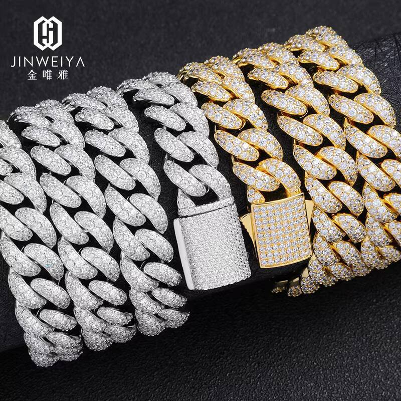 JWY Customized Trend Jewelry Hip Hop Men Necklace White Gold Iced Out Cuban Link Brass CZ Gold Chain