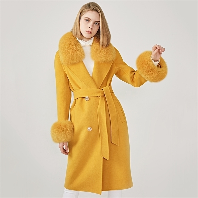 Women's Wool Coat Spring Real Fox Fur Collar Woolen Jacket Adjustable Waist Slim Ladies Long Overcoat 201222