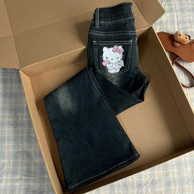 Sanrio American Style Angels Demons Hello Kitty Embroidery Jeans for Women New Autumn Streetwear Girl Trendy Flared Long Denim Pants L250925