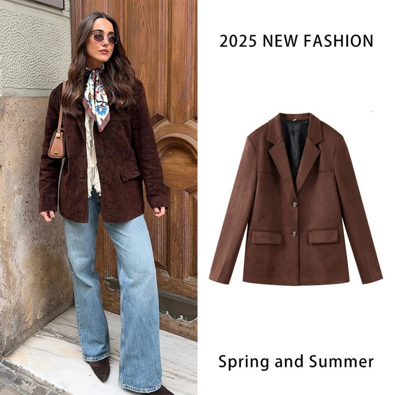 Retro suede lapel jacket womens brown long sleeved loose jacket casual jacket 250402