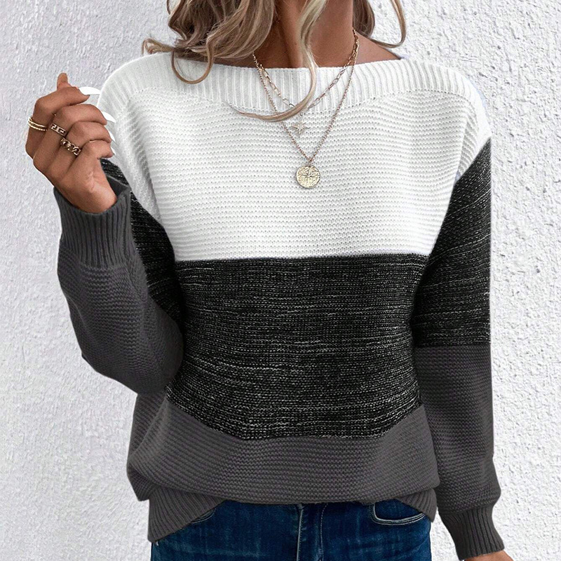 2024 Autumn and Winter New Knitted Sweater for Women, Color Block Patchwork, Round Neck, Long Sleeve Pullover Top