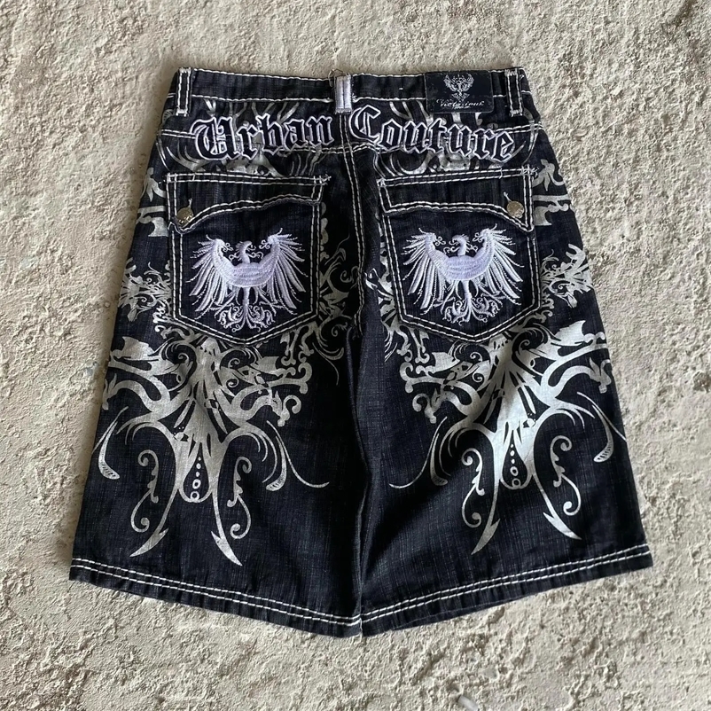 America Retro Gothic Pattern Embroidery Baggy Shorts Y2k Personality Print Casual Denim Short Fashion Men Women Shorts 250118