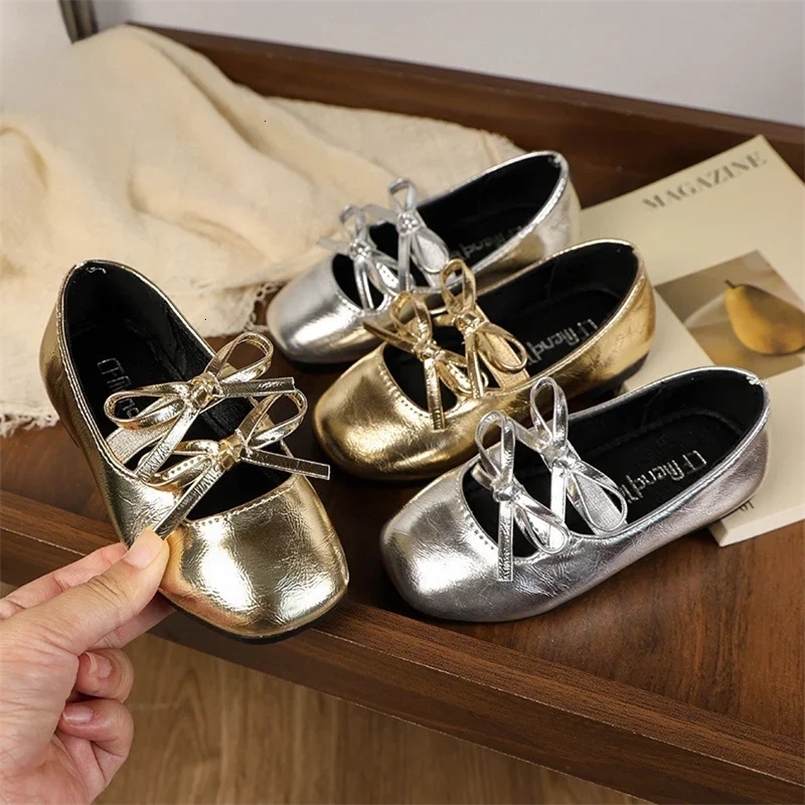 Girls Princess Ballet Shoes Gold Silver Versatile Childrens Leather Shoes Fashion Sweet Kids Causal Performance Flat Shoes 250219