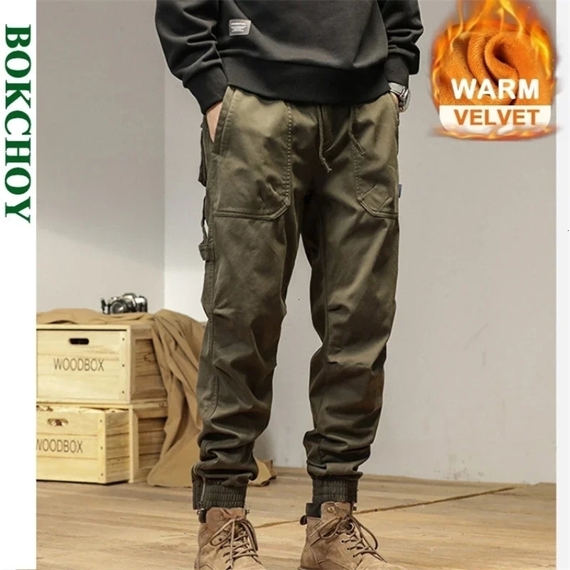 Men's Pants Winter Cargo Velvet Men's Winter Pants Drawstring Thickened Keep Warm Soft Cotton Retro Street Trousers J98679 231129