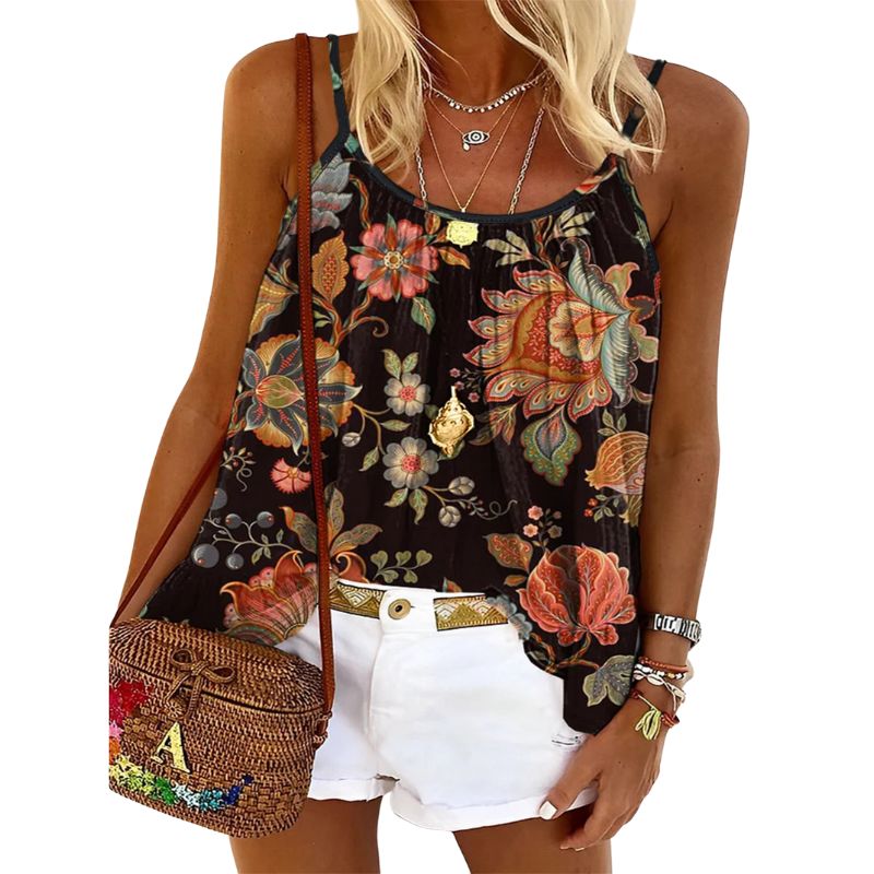 Women's Plus Size Vintage Ethnic Floral Printed Camisole, CIUM Brand Milk Silk Fashion Versatile Sleeveless Top-YL25245