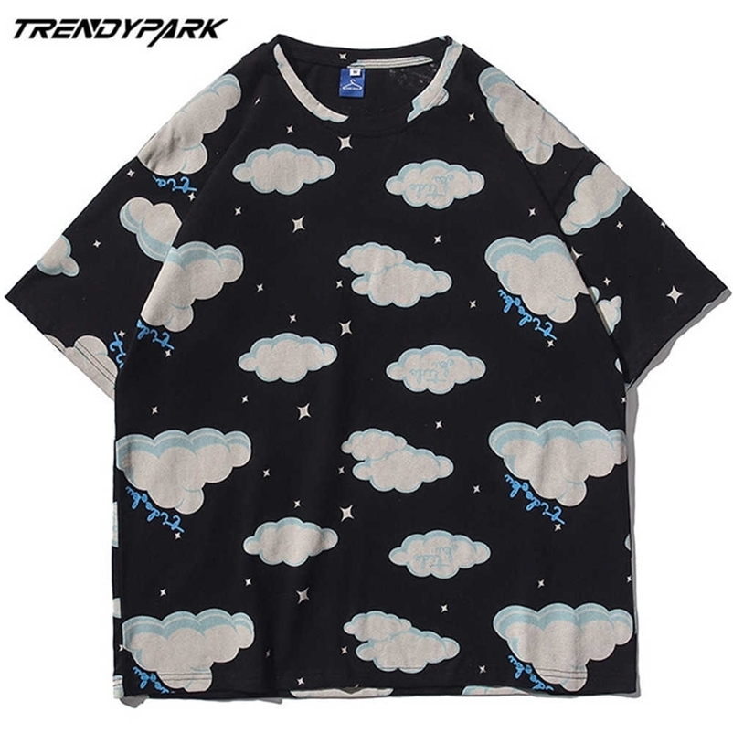 Men's T-shirt Summer Short Sleeve Cute Clouds Printed Tee Hip Hop Oversized Cotton Casual Harajuku Streetwear Tshirts 210601