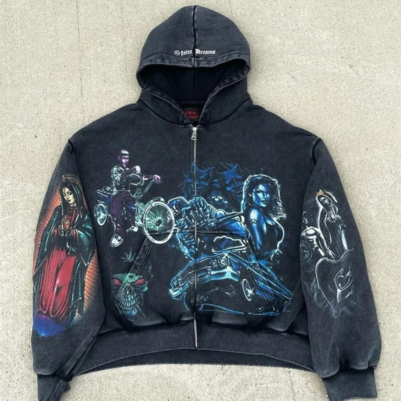 Harajuku HUSTL3RS DIARY Oversized Zip Up Hoodie Streetwear Tops Sweatshirt Y2k Clothes Grunge Hoodies Women Men Clothing 240911