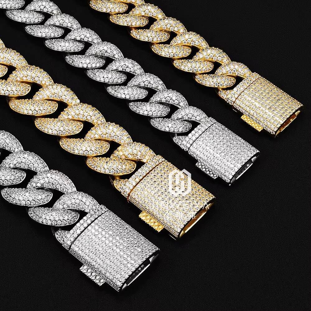 Luxury VVs Moissanite Full Iced Out Cuban Link Chain Hip Hop Real Gold Plated Bracelet with Box Clasp for Women