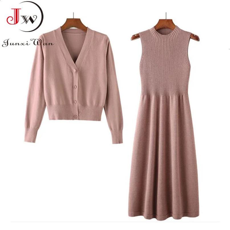 Women Suit Knitted Sweaters and Dress Two Pieces Set Autumn Winter Solid Casual Knitwear Cardigans Jumpers Pull Femme 240729