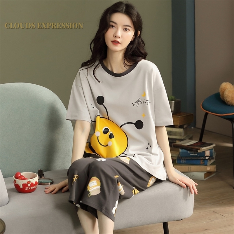 Women's Sleepwear Summer Knitted Cotton Cartoon Pajamas Sets Women Pyjamas Sleepwear Nightwear Pijama Mujer Plus Size Calf-Length Pants Homewear 