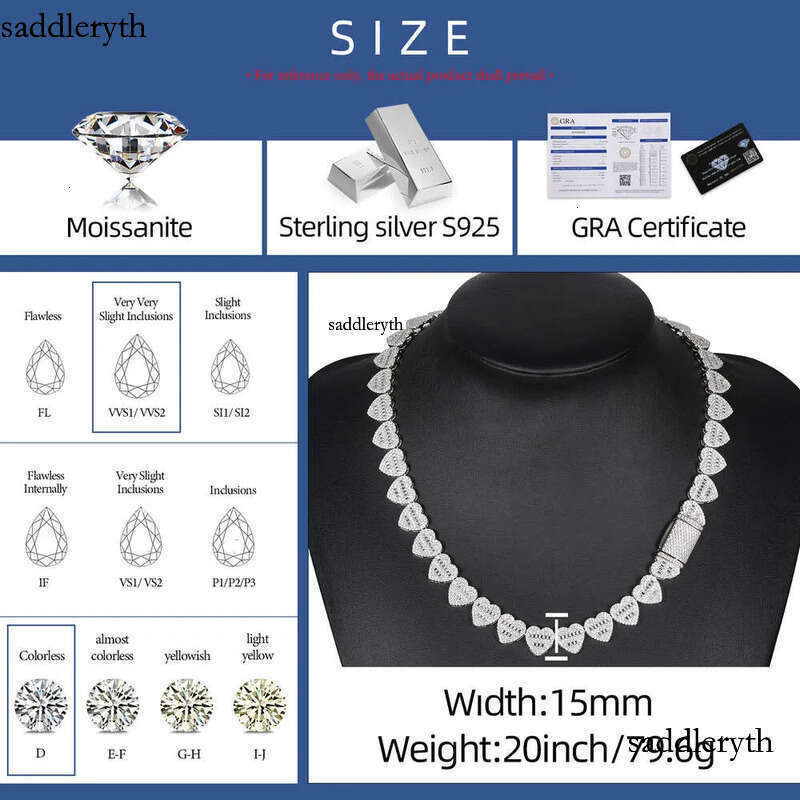 VVS Moissanite Dia Iced Out Heart Shape Tennis Chain NecklaceDropshipping Hip Hop Jewelry 13mm Sterg Sier 88