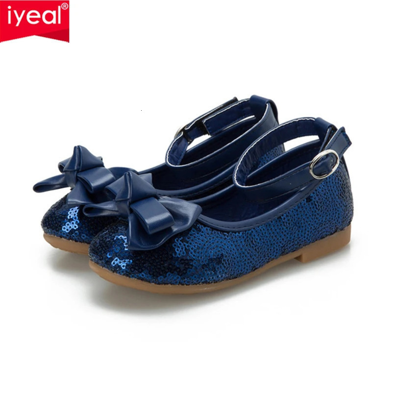 IYEAL Baby Girls Shoes For Children Princess Butterfly Sequins Flower Girl Glitter Formal Leather Kids Shoes Red/Navy Blue 241219