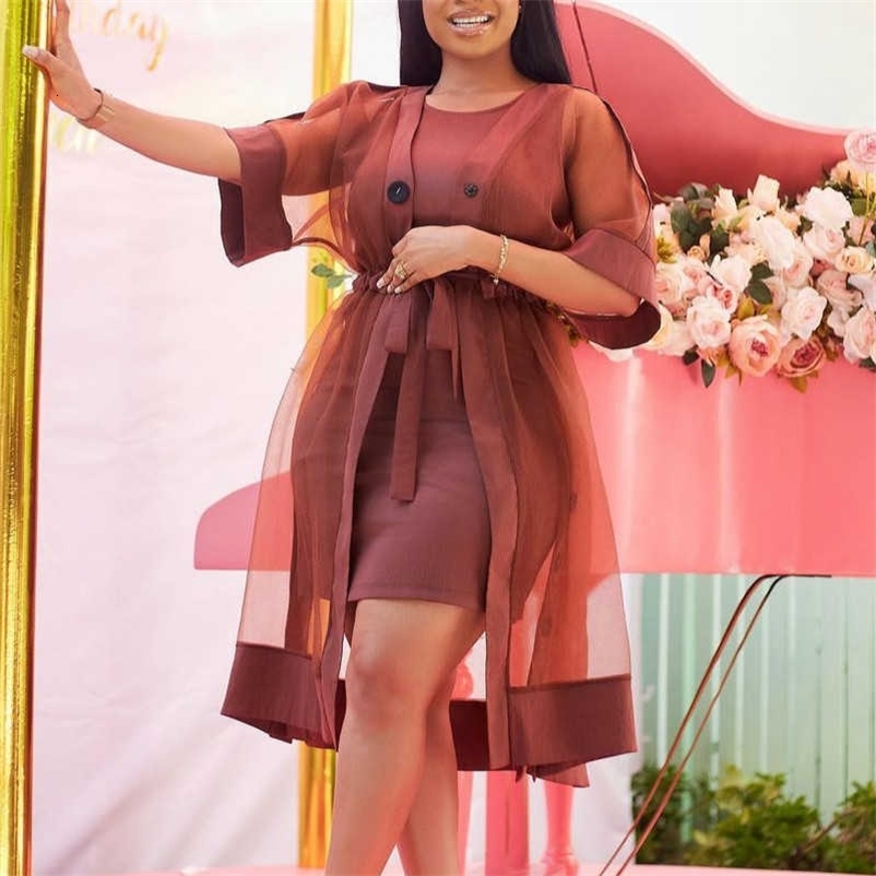 Women Two Pieces Set Transparent Coat Vest Dress Waist Belt Arican Fashion Sexy Party Celebrate Event Suits See Through Outwear 210708