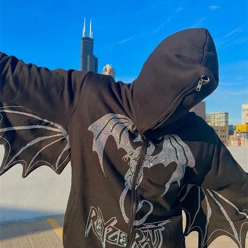 Mens Y2K Style Clothes Fashion Retro Street Zip Hoodie Fire Dragon Rhinestone Pattern Unisex Sports Fancy Shoulder Sleeve Top 240810