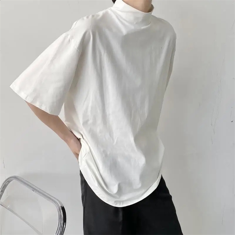 Turtleneck soft solid short sleeved mens oversized sportswear fashionable Korean Harajuku casual full matching clothing Street summer 240927