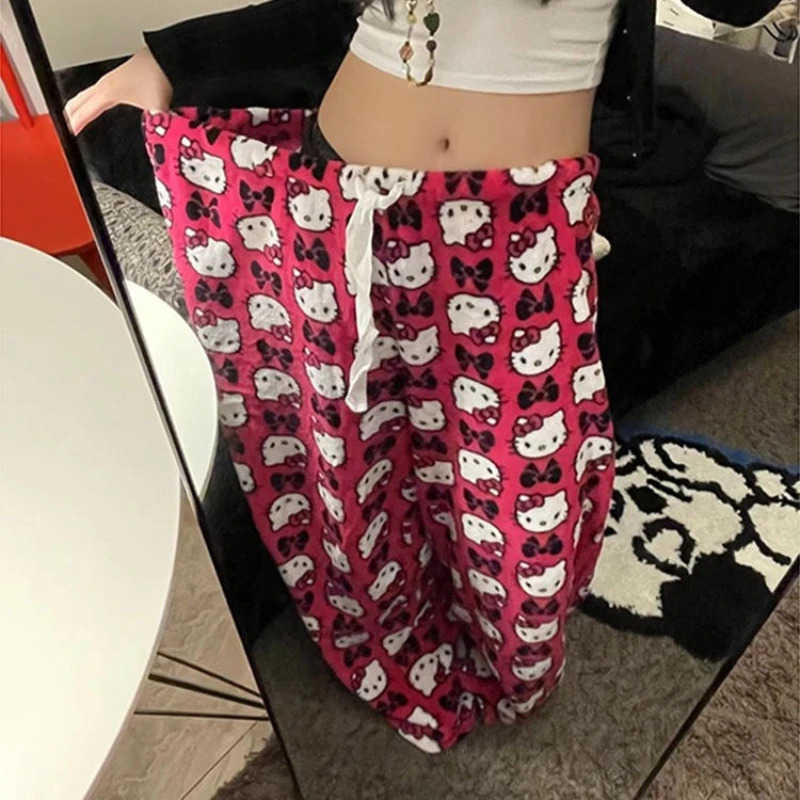 Sanrio Hello Kitty Cartoon Printing Wide Leg Pants Loose Hello Kitty Pajamas Elastic Waist Straight Casual Pants Girls Gifts L250925