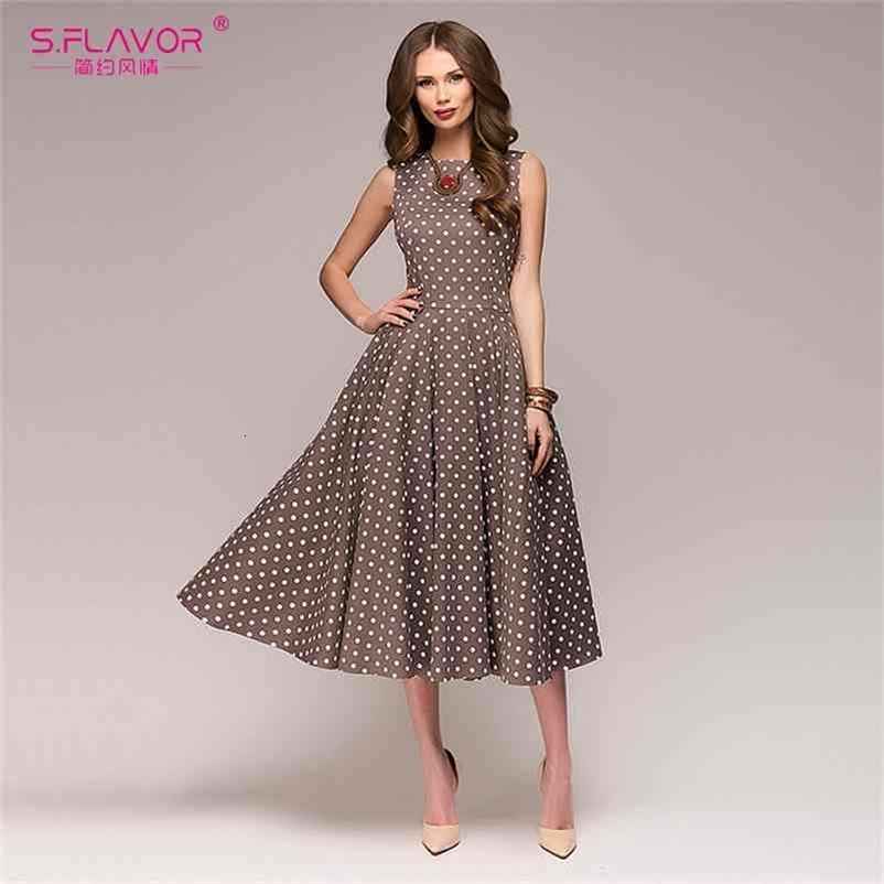 S.FLAVOR Women Vintage Dot Wave Sundress Sleeveless O-neck Summer Vestidos Women Elegant Dot Printing Mid-Calf Casual Dress 210630