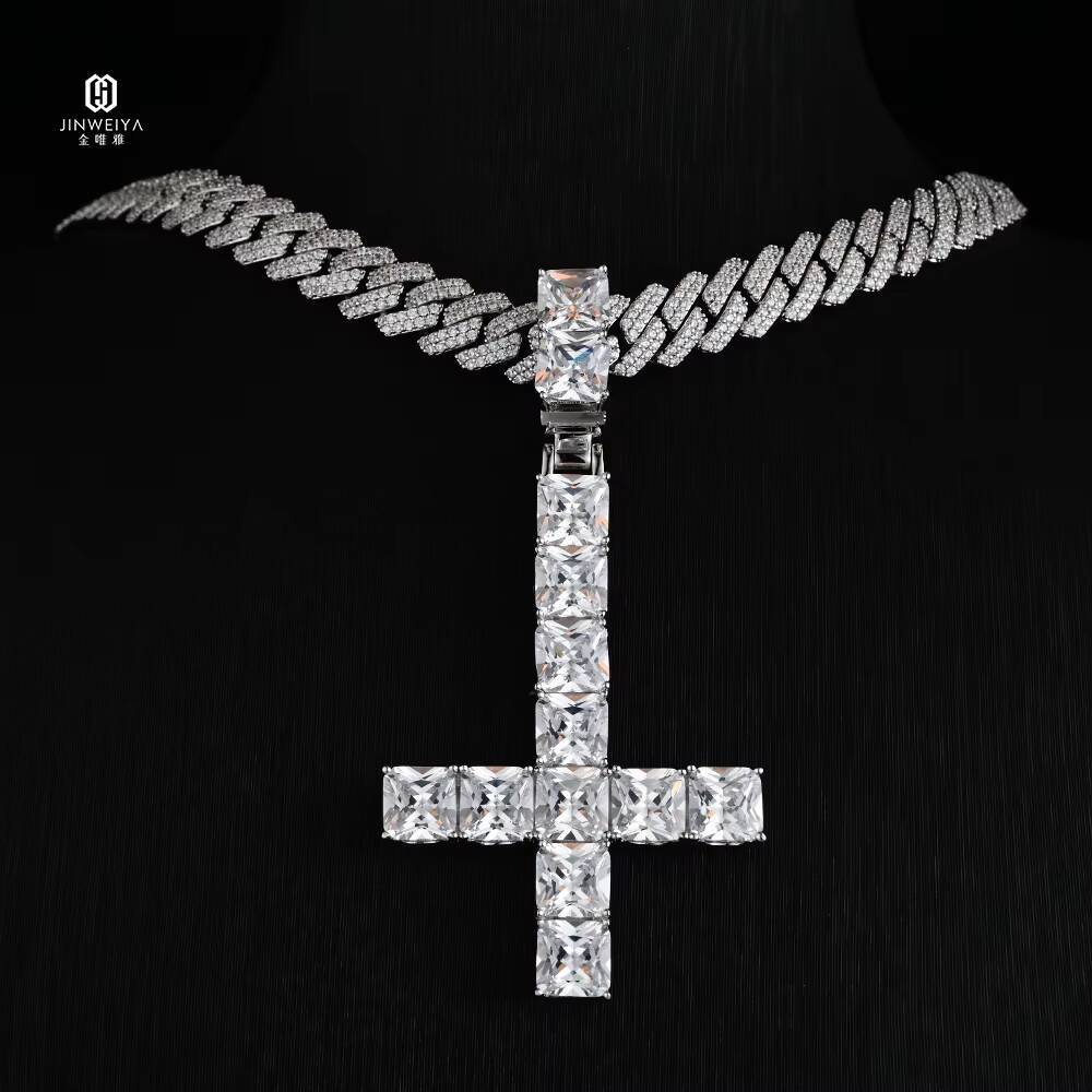 JWY Customized Trend Gold Plated Cross Pendant Necklace Icy Moissanite Link Chain for Men and Women Tennis Cross Pendant Style