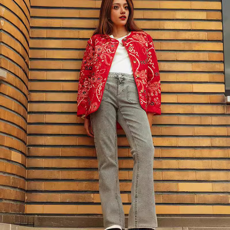 Plus Size Winter Clothing Women's New Patchwork Printed Cotton Coat O-Neck Long Sleeve Pocket Short Jacket for Women