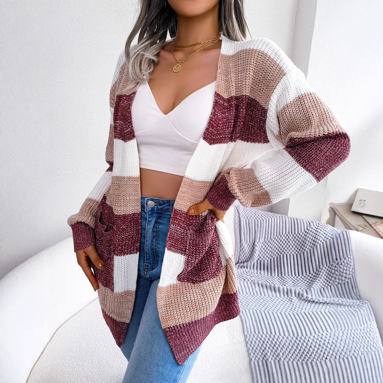 Autumn and Winter Color-Block Striped Lantern Sleeve Casual Cardigan Sweater Jacket Women's Fashion