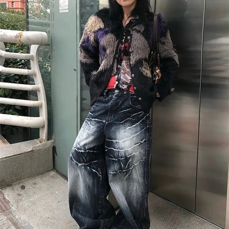 Y2K American High Street Makes Old Ground White Loose Jeans Women Harajuku Style Retro Trend Loose Casual Street Mopping Pants 240717