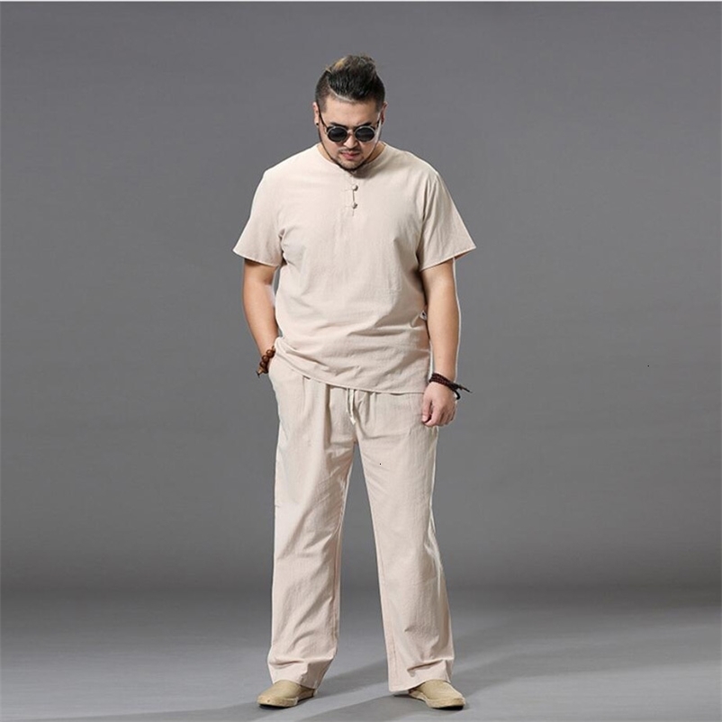 Men's Tracksuits Men's Plus Size Clothing Big Tracksuit Suit Linen Overweight T-shirt Casual Male Elastic Waist Band 7XL 8XL 9XL Big Two Pie