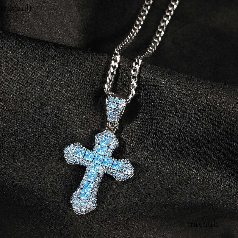 Blue Red Zircon Cross Fashion Mens Gold Necklace Hip Hop Iced Out Pendant Necklaces Jewelry