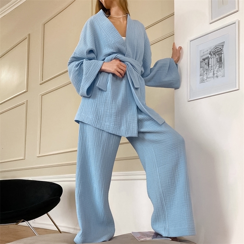 Women's Sleepwear Restve Cotton Women's Nightgown 2 Pieces Set Drop Sleeves Robe Trouser Suits Flare Female Pajamas Summer Bathrobe For Woma