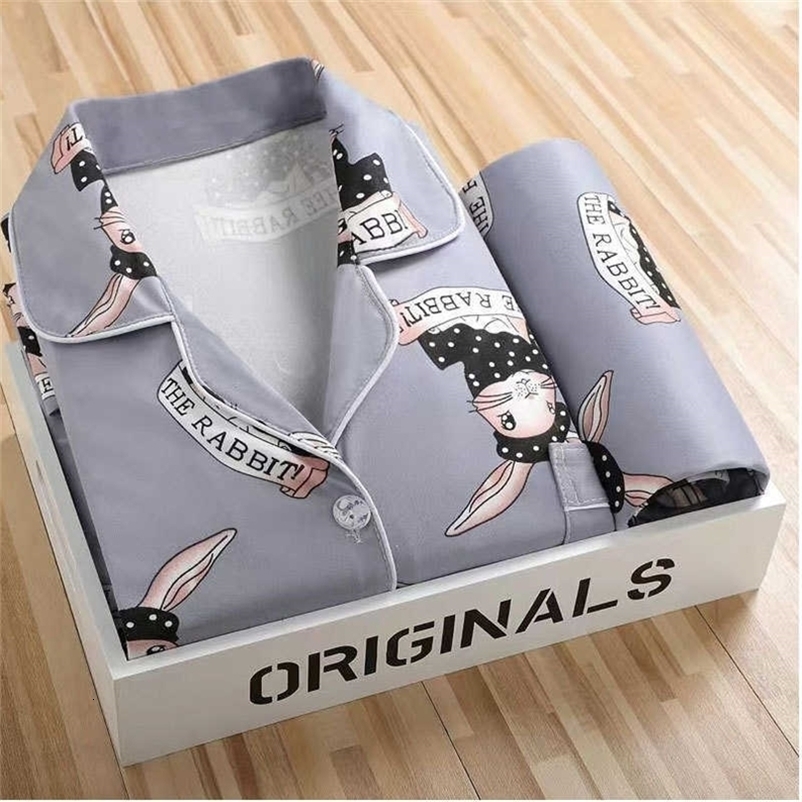 style lapel pajamas women in the spring and autumn cardigan long-sleeved pants cartoon ms leisurewear suit Women's pajamas 211007