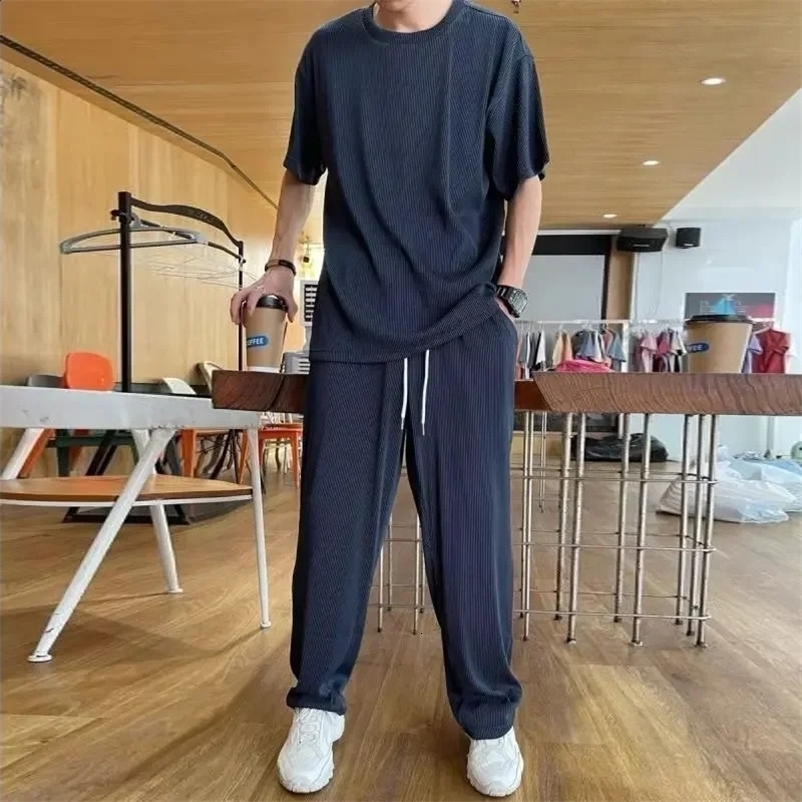 Casual Ice Silk Mens Short Sleeve T-shirt Loose-fit Trousers Lightweight Summer Fashion Trendy Mens Wear 2-piece Set 241217