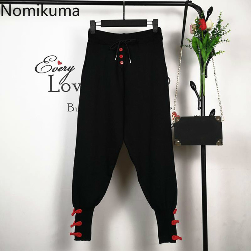 Nomikuma Autumn New Knitted Harem Pants Korean Buttons Lace Up Stretch Waist Sweater Trousers Causal Women Ankle Pant 6D161 210427