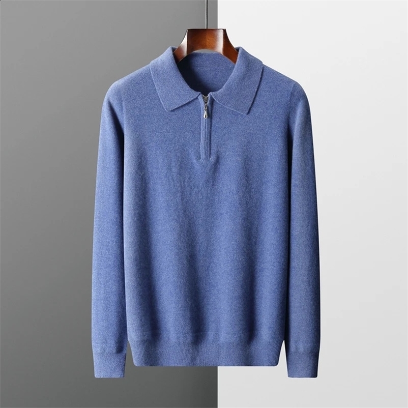 Autumn and Winter Cashmere Sweater Mens 100% Merino Wool Pullover Casual Loose POLO Knitted Bottom Shirt Jacket Shirt 240912