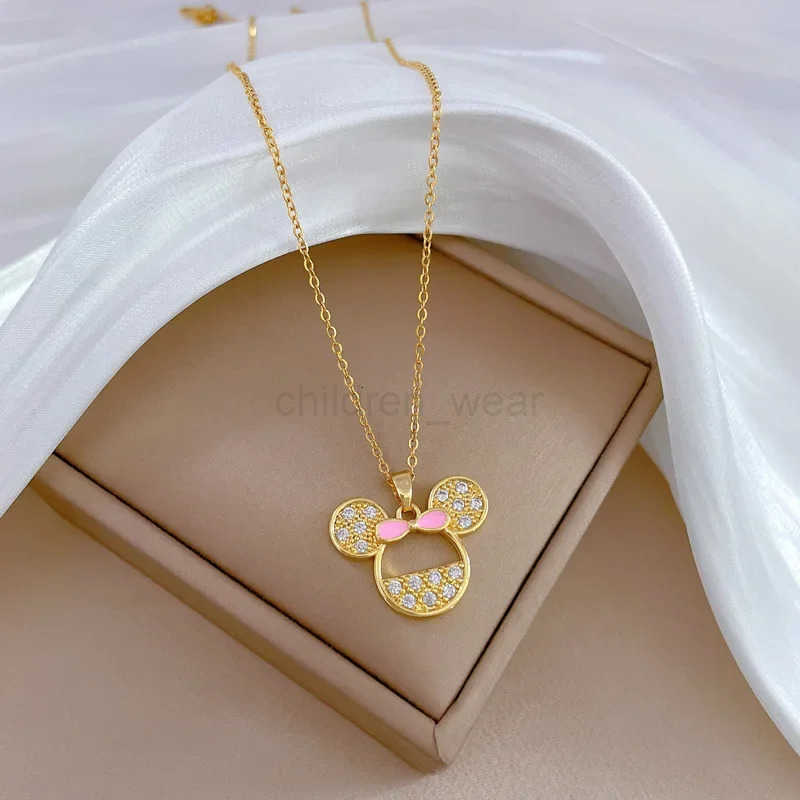 Disney Stainless Steel Cartoon Pink Bowknot Minnie Mouse Necklace for Women Girls Lovely Cute Accessories Cosplay Gifts for Kids H250925