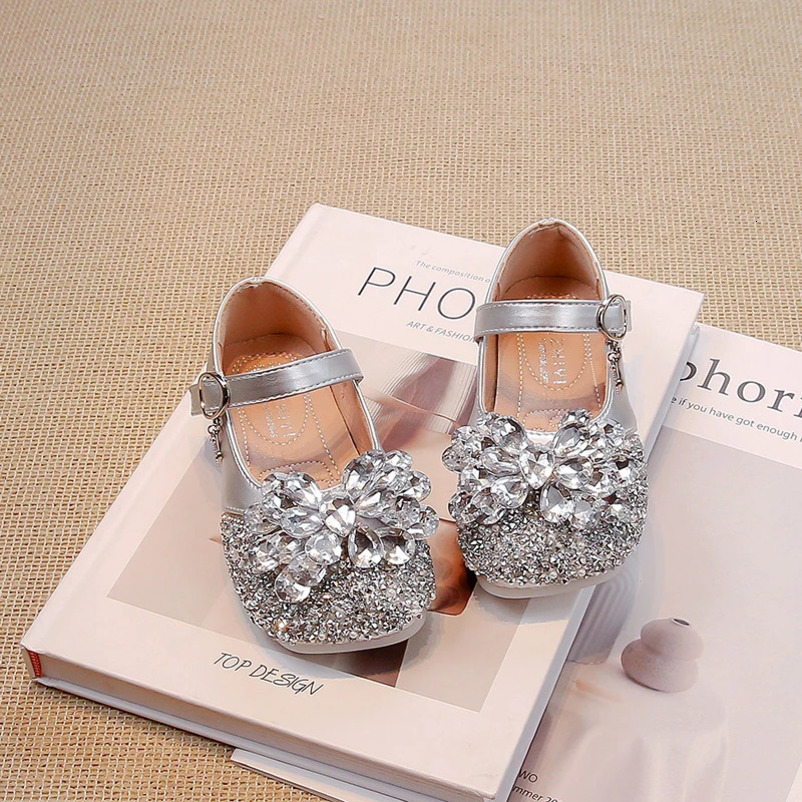 Silver/beige Girls Leather Shoes with Glitter Rhinestone Bow Outdoor Spring Autumn PU Princess Leather Shoes Sandalias De Mujer 241219