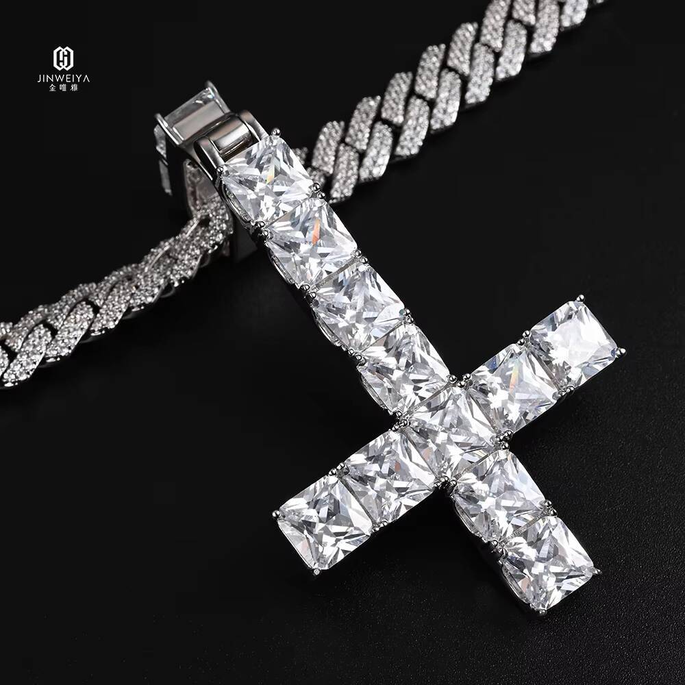 JWY Customized Trend Gold Plated Cross Pendant Necklace Icy Moissanite Link Chain for Men and Women Tennis Cross Pendant Style