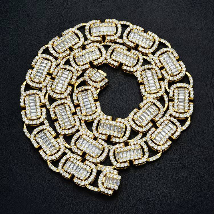 Hip Hop Jewelry Necklace Chain with Moissanite Goldplated Brass New Trendy Fashion Copper Sterling SilverCuban Link Chain Cz JN45