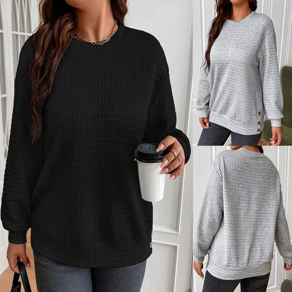 Autumn Winter New Women's Clothing Solid Color Loose Plaid Button Round Neck Pullover Patchwork Long Sleeve Sweatshirt for Women