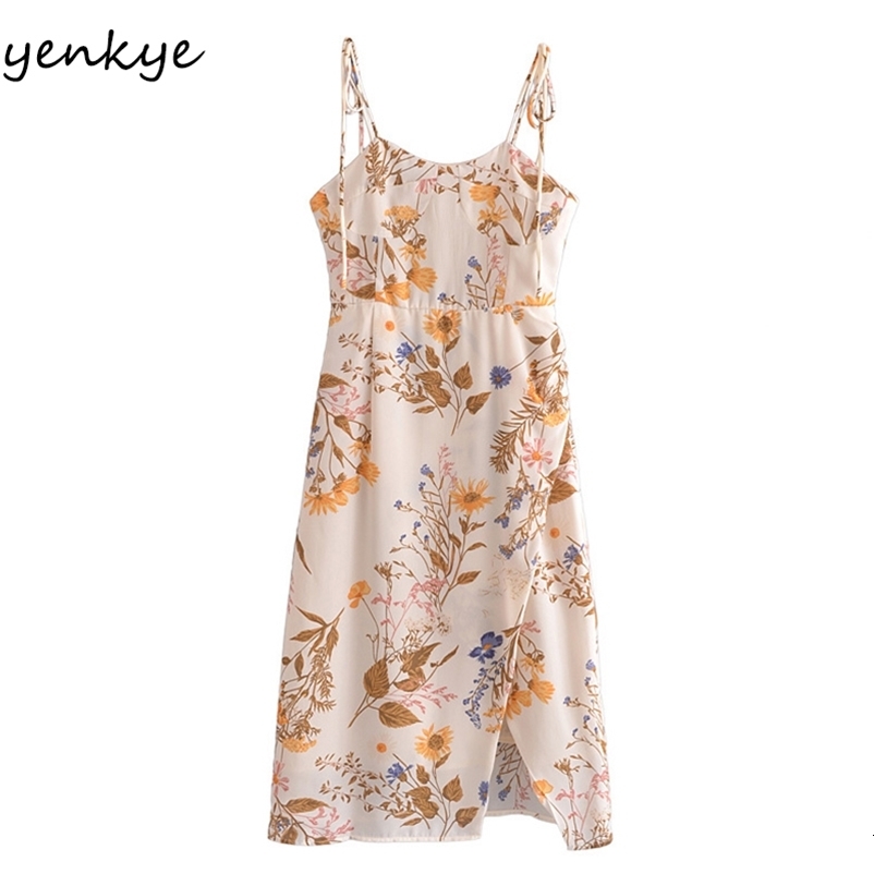 YENKYE Summer Women Vintage Floral Print Sexy Slits Sling Dress Female Holiday Beach Dress Chiffon Vestido 210515