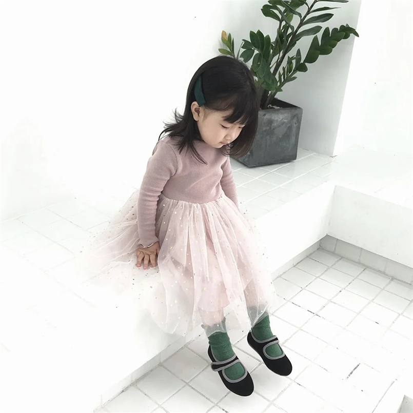 Kids Girls Princess Dress Korean Spring Autumn Long Sleeve Cotton Baby Girls Dress Spliced Star Mesh Toddler Girls Dress 241014