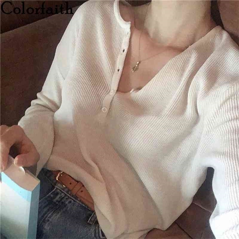 Colorfaith New Autumn Winter Women's Sweaters Pullover Knitted Split Buttons Minimalist Solid Elegant Ladies Jumpers SW785 210413