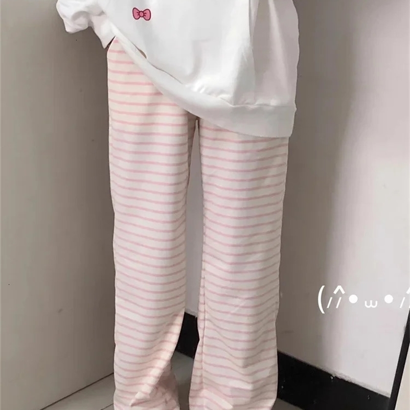 QWEEK Japanese Y2K Striped Sweatpants Women Harajuku Kawaii Sweet Fleece Sports Pants Korean Fashion Cute Girly Basic Trousers 240530