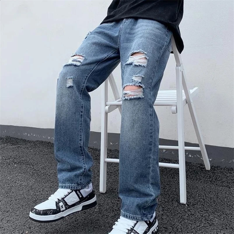 Mens open top denim jeans ripped straight casual street pants Hipster High Street Blue Pants 241203