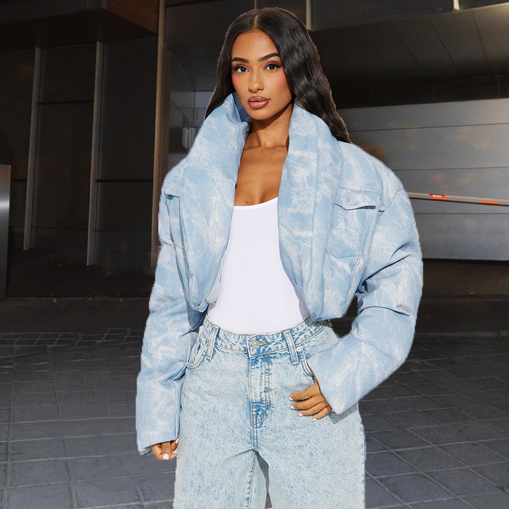 51381 Quilted Scarf Stand Collar Pocket Long Sleeve Gradient Color Block Short Cotton Coat for Women