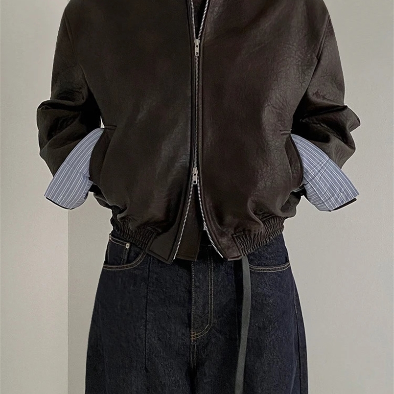 SYUHGFA Men PU Leather Jackets High Street Turn-down Collar Zipper Pockets Solid Color Male Short Coat Spring Chic 250109