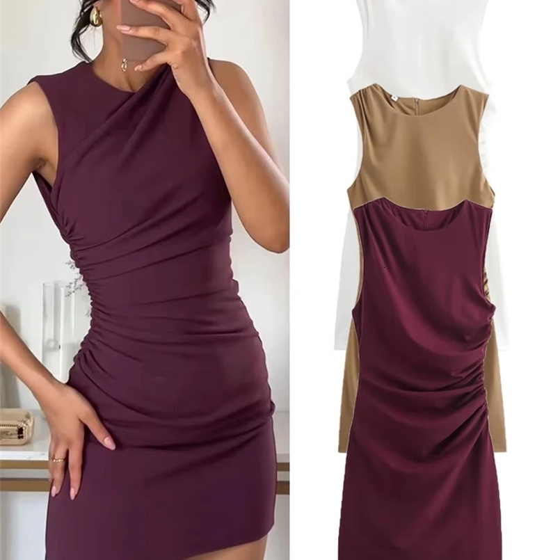 TRAF Elegant Women Solid Pleated Mini Dress Fashion O-neck Sleevless Slim FolEvening Party Dress Vintage Chic Causal Folds Dress 241205