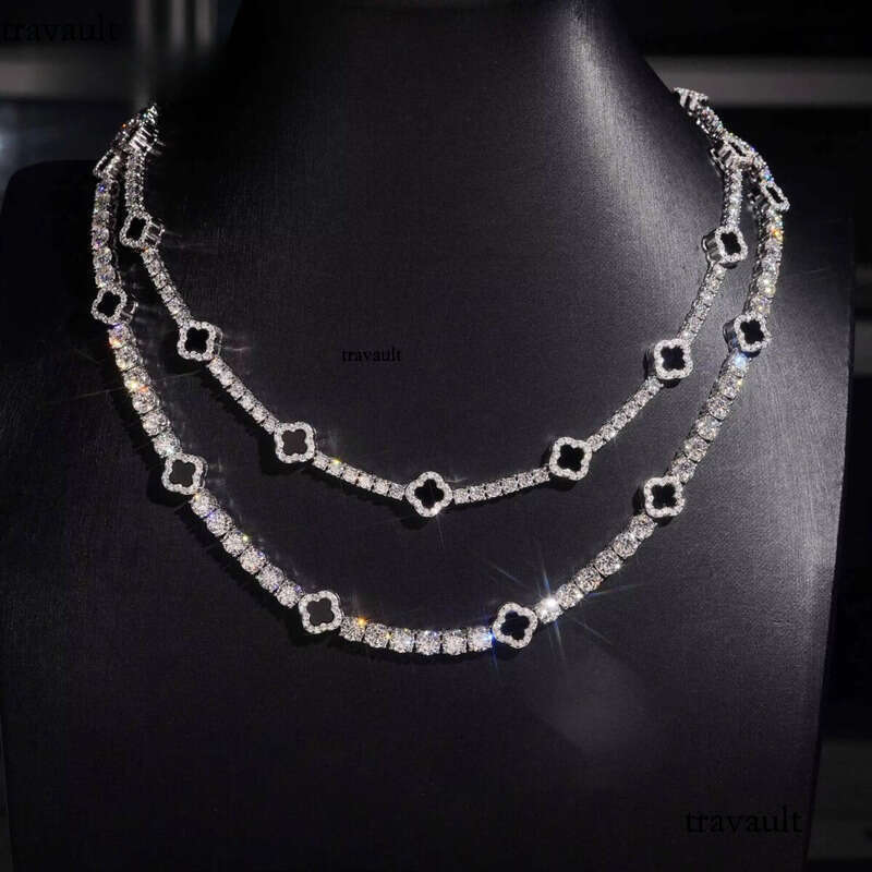 Ready Stocks 3mm 5mm Black Agate Clover Necklace Bracelet Tennis Chain Moissanite Solid Sier