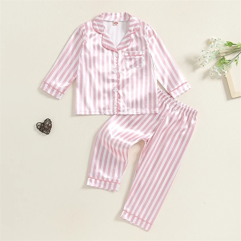 Kid Girls Boys Fall Pajamas Set Stripe Print Long Sleeve Shirts Tops Long Pants Satin 2 Pieces Lounge Suit Sleepwear 250328