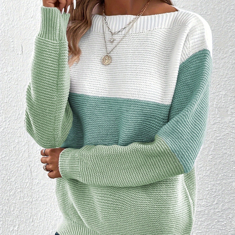 2024 Autumn and Winter New Knitted Sweater for Women, Color Block Patchwork, Round Neck, Long Sleeve Pullover Top