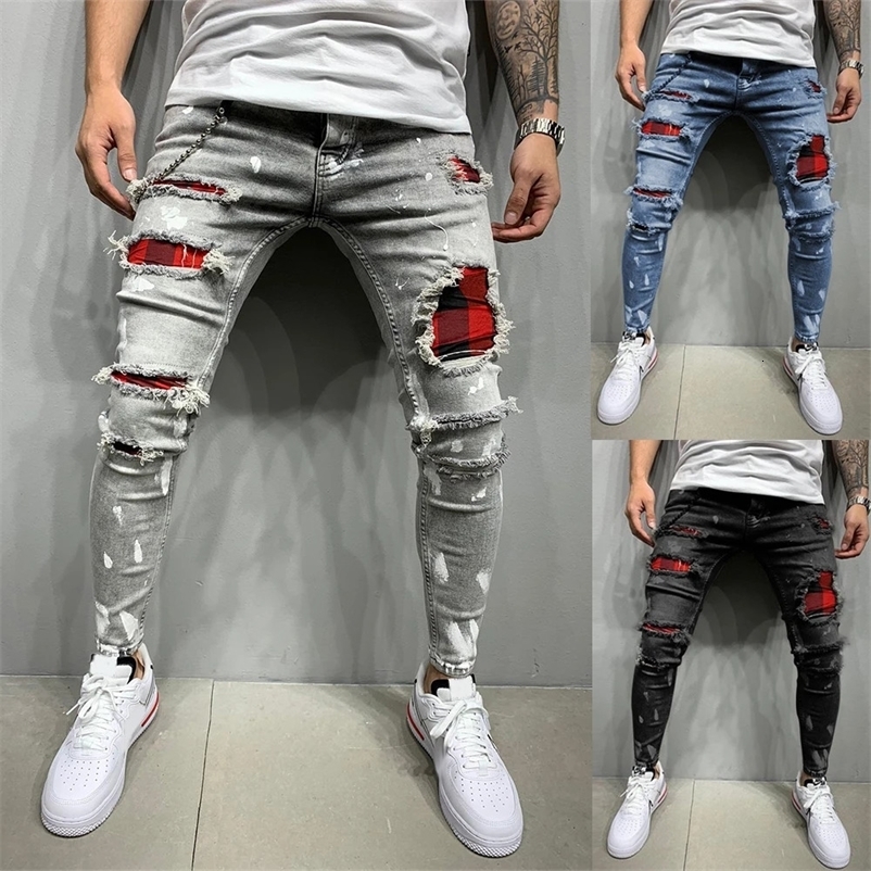 Mens Vintage Streetwear Paneled Ripped Casual Denim Pants European and American Zipper Skinny Jeans 240319