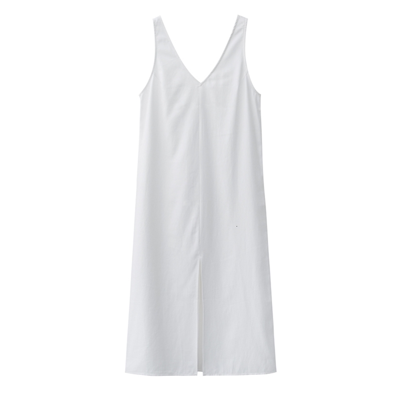 Summer Women Solid White V Neck Sleeveless Fashion Dress Split Tank Dress 210630